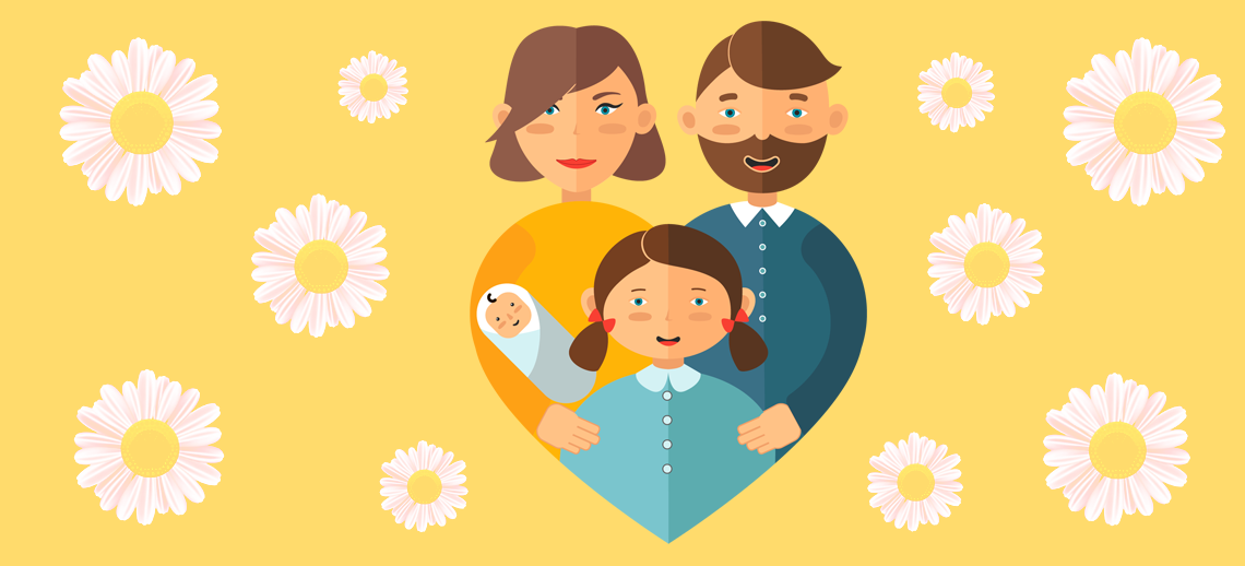 День семьи, любви и верности — ромашки, мама, папа и детки